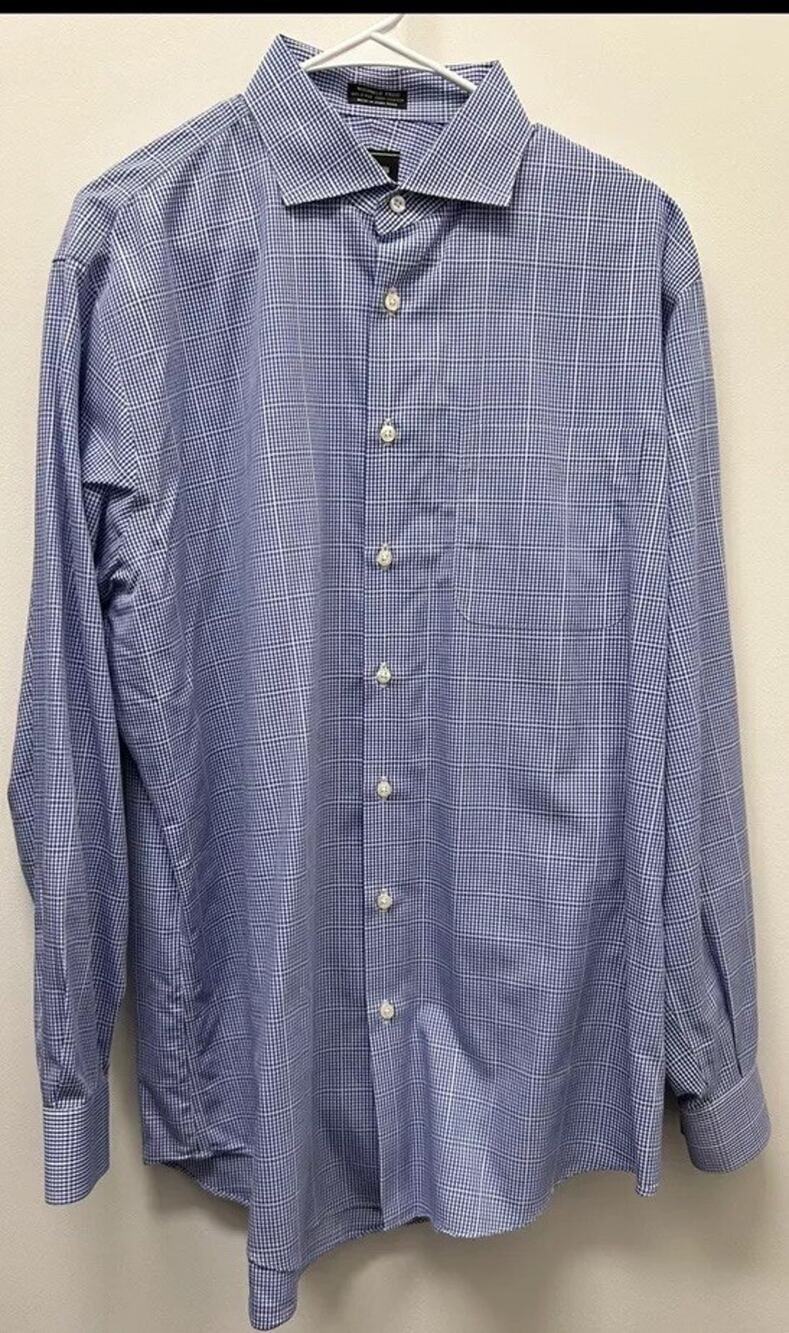 Neiman Marcus Men’s Size 16.5 34/35 Blue White Plaid Long Sleeve Button Up Shirt
